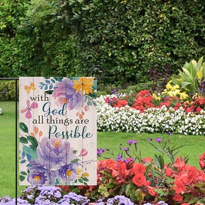 Artofy with God All Things are Possible Christian Small Decorative Garden Flag, Spring Summer Religious Purple Peony Flower Yard Outside Decor, Inspirational Farmhouse Outdoor Home Decoration 12 x 18