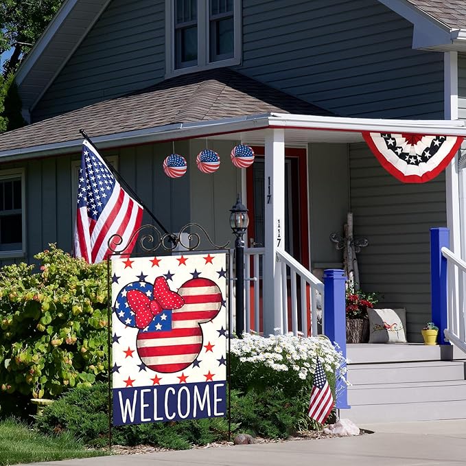 Welcome 4th of July House Flags for Outdoor Decoration, Patriotic Air Balloon Stars Large Yard Flag,Decorative 250th America Years Anniversary Decor for Summer Outside,28x40 Inch Vertical Double Sided