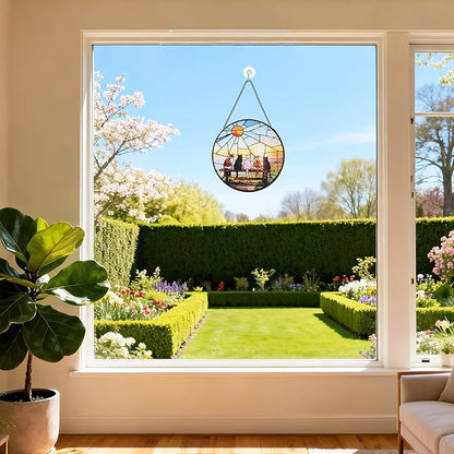 Stained Glass Window Hanging, Cat and Sunset Circular Painted Glass Suncatcher with Chain & Suction Cup for Home Garden Door Decor, Birthday for Women Men Mom 7.8 in