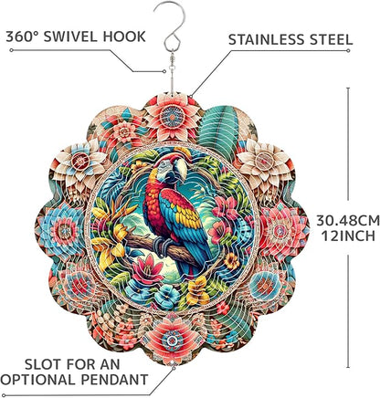 12 Inch 3D Kinetic Wind Spinner for Garden and Yard, Laser-Cut Stainless Steel, Mesmerizing Hanging Decor for Outdoor Patio & Indoor, Vivid Macaw-01