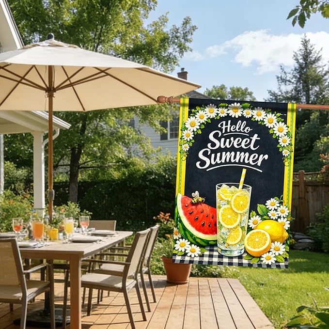 Nuxovilar Large Summer Garden Flag Hello Sweet Summer Lemon Watermelon Daisy Pattern Polyester 28×40 Inches Garden Flags for Outside Seasonal Decor Yard Porch Lawn