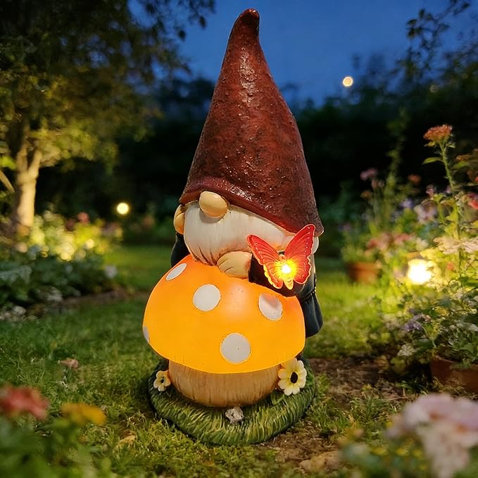 Solar Garden Gnome with mushroom for Garden Decor: IP44 Weatherproof Resin with Automatic Lighting - No Installation- Outdoor Yard Patio Balcony Art - Birthday Gifts for Bird Lovers Mom Grandma Women