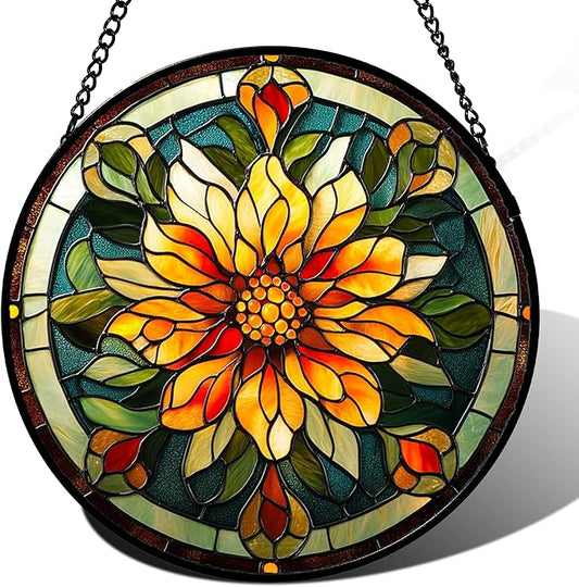 Stained Glass Window Hanging - Retro Yellow Flower Suncatcher for Door Garden Home Decor Dahlia Sun Catcher Christmas Birthday for Lovers Friend Women Mom Nana 11.8 in
