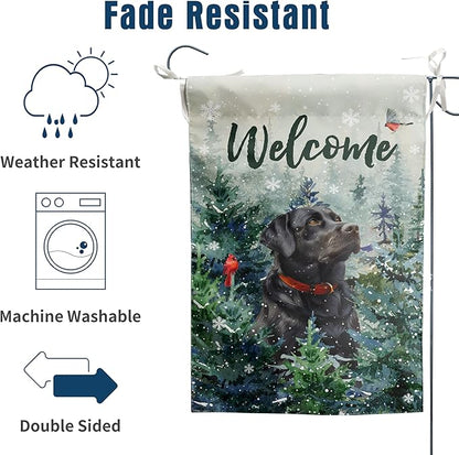 Welcome Winter Garden Flags Black Lab Garden Flag Cardinal Birds on Snowy Pine Tree Flag Labrador Dog Yard Flags for Outside 12x18 Double Sided Christmas Decorative Lawn Flags