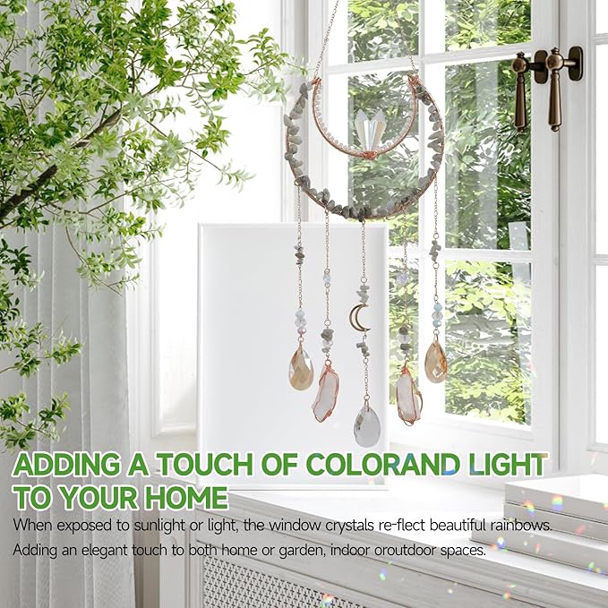 Crystal Suncatcher - Dreamsum Hanging Suncatchers with Crystals and Stones, Sun Catchers Indoor Window Catcher with Prism Pendants Stones Slices, Moon Crystal Suncatchers gift for Girls, Lover and Mom