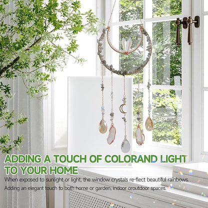 Crystal Suncatcher - Dreamsum Hanging Suncatchers with Crystals and Stones, Sun Catchers Indoor Window Catcher with Prism Pendants Stones Slices, Moon Crystal Suncatchers gift for Girls, Lover and Mom
