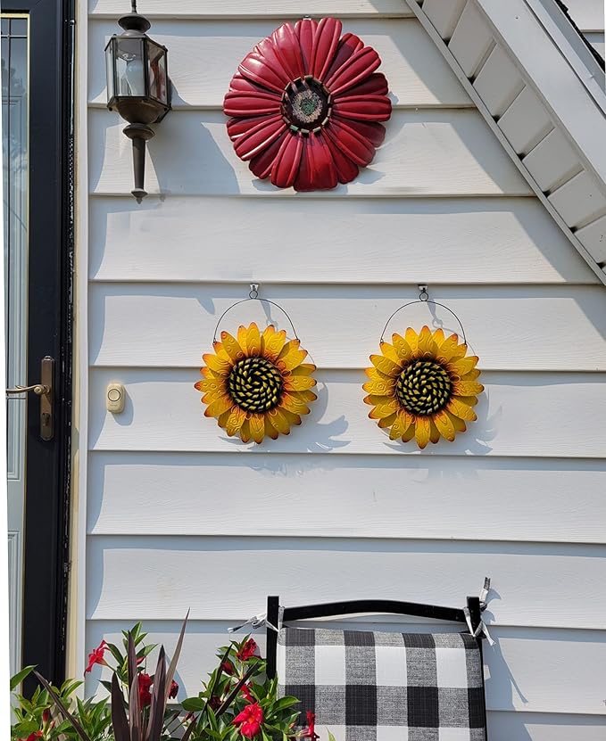 SeasonsEasy Metal Sunflower Wall Decor, Set of 2 Yellow Floral Wall Decoration with Wire Hanger for Living Room, Bedroom, Kitchen, Bathroom Decor, Outdoor Garden and Patio Wall Art
