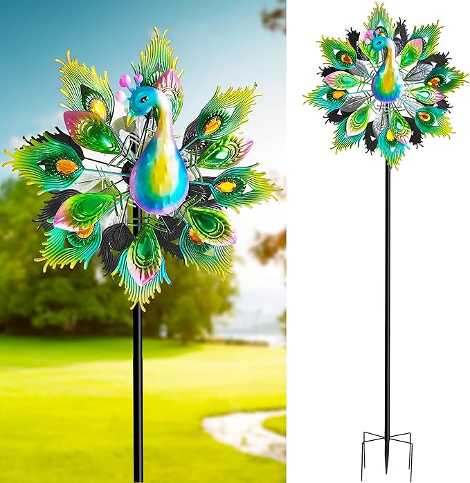 Outdoor Peacock Wind Spinners Featuring Glittering Gem Decor, 13.5" D x 65" H Double Layer Kinetic Wind Sculptures, 360° Rotatable Metal Garden Wind Spinners for Yard and Outdoor Decor Blue