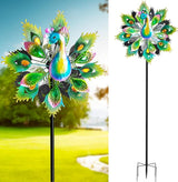 Outdoor Peacock Wind Spinners Featuring Glittering Gem Decor, 13.5" D x 65" H Double Layer Kinetic Wind Sculptures, 360° Rotatable Metal Garden Wind Spinners for Yard and Outdoor Decor Blue