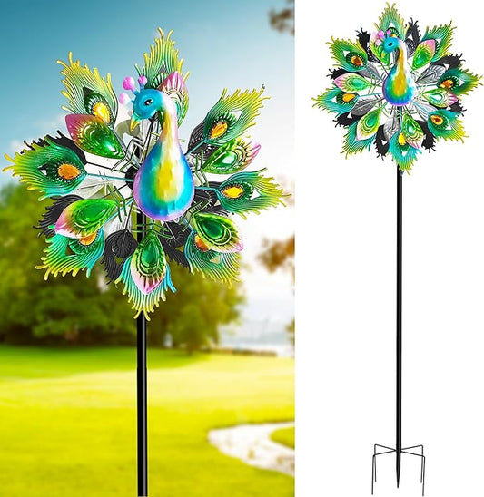 Outdoor Peacock Wind Spinners Featuring Glittering Gem Decor, 13.5" D x 65" H Double Layer Kinetic Wind Sculptures, 360° Rotatable Metal Garden Wind Spinners for Yard and Outdoor Decor Blue