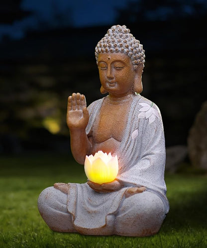 Nacome Solar Buddha Garden Statues with Lotus Flower: Resin Zen Decor Waterproof Sculpture Outdoor Light Design for Outside Patio Lawn Yard Balcony - 10.6 inches(White)