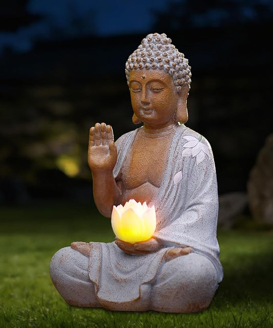 Nacome Solar Buddha Garden Statues with Lotus Flower: Resin Zen Decor Waterproof Sculpture Outdoor Light Design for Outside Patio Lawn Yard Balcony - 10.6 inches(White)