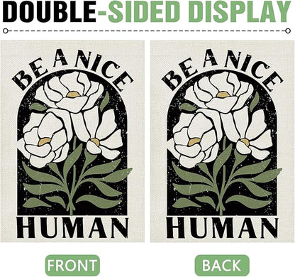 Dyrenson Inspirational Flower 28 x 40 House Flag Double Sided, Motivational Be A Nice Human Floral Garden Yard Decoration, Spring Summer Burlap Outdoor Decor Decorative Large Flag