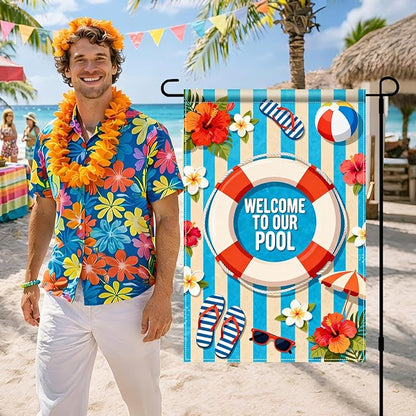 BlissYard Welcome To Our Pool Garden Flag 12x18 Double Sided Vertical Outdoor Summer Poolside Decor Beach Tropical Yard Lawn Patio Pool Party Banner
