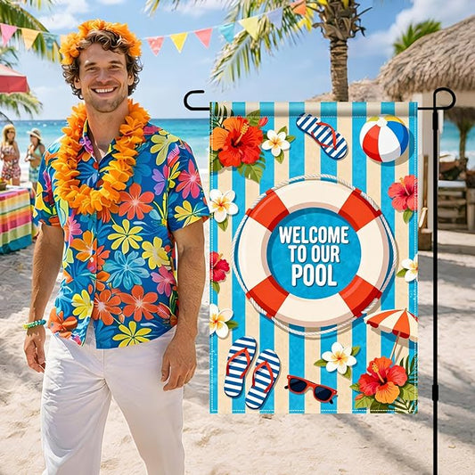BlissYard Welcome To Our Pool Garden Flag 12x18 Double Sided Vertical Outdoor Summer Poolside Decor Beach Tropical Yard Lawn Patio Pool Party Banner