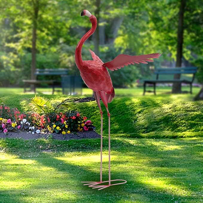 Flamingo Ornament,Flamingo Garden Statues and Sculptures,Metal Birds Yard Art Outdoor Statue, Red Pink Flamingo Lawn Ornaments for Home, Patio, Backyard Decor (1)