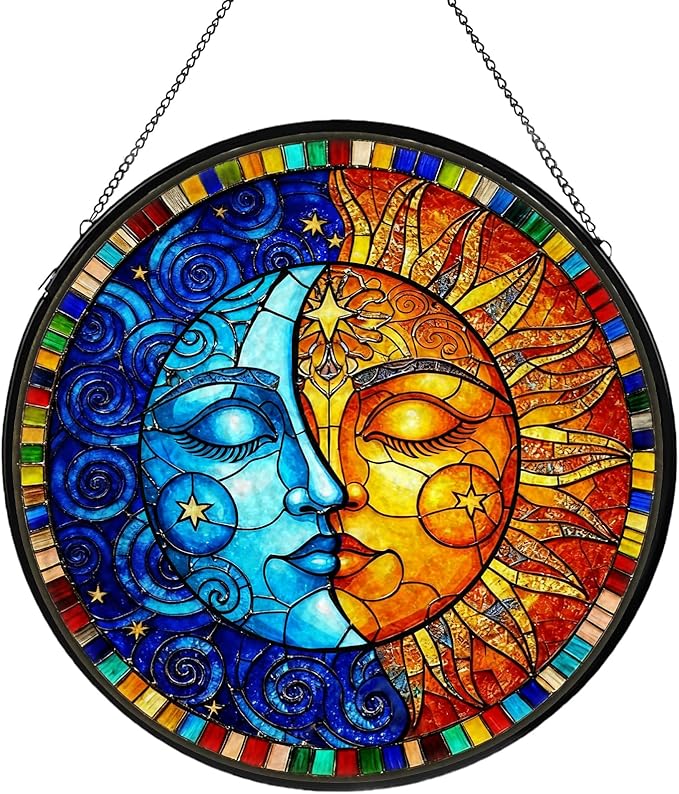 Sun and Moon Stained Glass Window Hanging, Suncatcher for Window Hanging, Moon Sun Catchers Indoor Windows Wall Art for Mom Grandma, Christmas Thanksgiving Gift, for Home Garden Office 7.87 inches