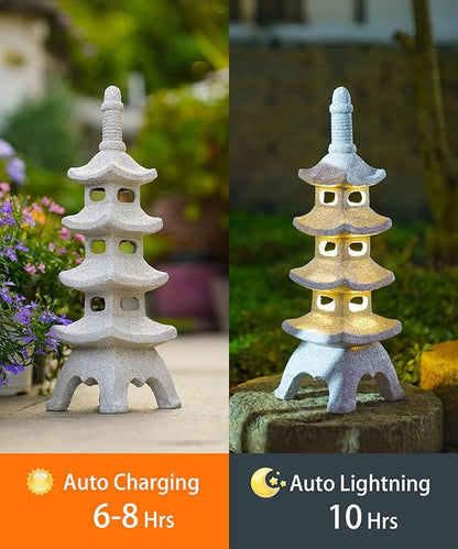 Nacome Solar Pagoda Garden Statues: 15.7 inches Multi-Layer Outdoor Waterproof Resin Zen Decor for Landscape Balcony Patio Porch Yard Ornament(Gray)