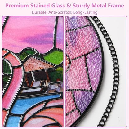 Stained Glass Window Hanging, Flamingo Circular Painted Glass Suncatcher with Chain & Suction Cup for Home Garden Door Decor, Birthday for Women Men Mom 7.8 in