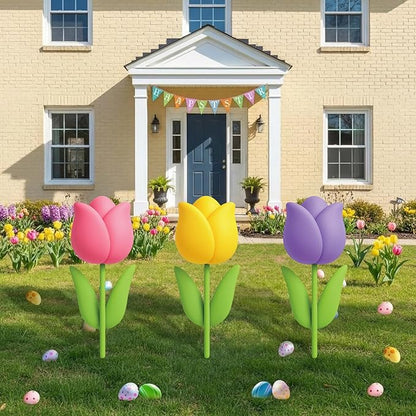 DoubleFill 3 Pcs Easter Decorations Outdoor 3D Metal Easter Eggs Tulip Yard Signs Decorative Garden Stakes Eggs Bunny Lawn Decorations Yard Decor for Spring Lawn Pathway Garden(Tulip Style)