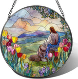 Stained Glass Suncatcher, Jesus and Sunrise Sun Catcher Ornament; Stained Glass Window Hanging, Christmas Ornament, Christian Home Decor; Baptism Gift, Christian Gifts, Religious Gifts