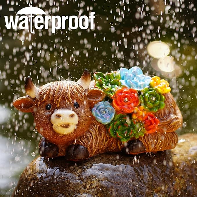 Highland Cow Garden Statues with Succulent: Outdoor Decor with Lights for Patio Balcony Yard Ornament - Unique Gifts for Mom Grandman Woman(Brown)