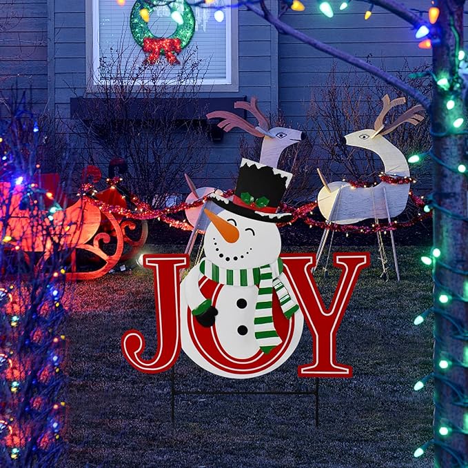 Morning View Christmas Snowman Joy Yard Stakes Sign Metal Joy Garden Stake Decorations Outdoor Lawn Ornaments Xmas Yard Stake Holiday Winter Wall Decor for Patio Pathway Outside Red 25.2 Inches Tall