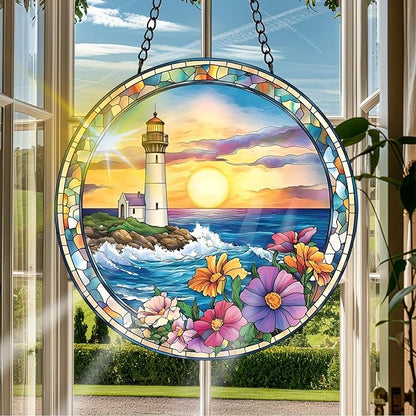 VAIIEYO Lighthouse Sun Catcher Stained Glass Window Hanging Ornament, Handmade Sun Catcher Flower Decoration with Hooks for Window Garden Home, Mother's Day & Birthday Housewarming Gift (7.8 inch)
