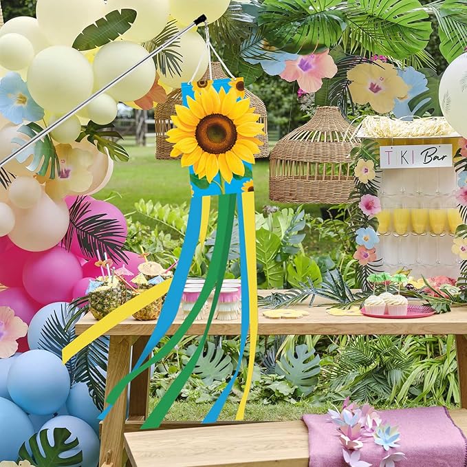 40 Inches 3D Sunflower Windsock Decoration, Dimensional Hanging Outdoor Wind Sock with Yellow, Green, and Blue Streamers for Summer Garden, Yard, Porch, Farmhouse, and Floral-Themed Party Decor