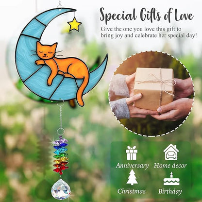 Orange Cat Suncatcher – Cute Orange Cats Hanging on Crescent Moon – Tabby Cat Gifts for Women, Home Window or Garden Decor