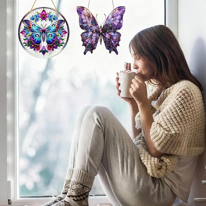 2PCS Butterfly Solar Collector for Windows, Stained Glass Window Hanging, 7.9x7.9in Butterfly Ornament with Chains, Home and Garden Decor, Gift for Women and Nature Lovers