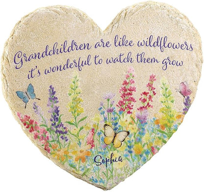 Fox Valley Traders Custom Grandchildren Wildflowers Garden Stone, 100% Resin, Outdoor Décor - Measures 10" x 9 1/2", 1 Name