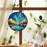 Nature Mountain Aurora Borealis Suncatchers Stained Glass Window Hanging, Northern Lights Sun Catchers Indoor Window Glass Round Wall Decor, Nature Wall Hanging Decorations, 7.9x7.9in