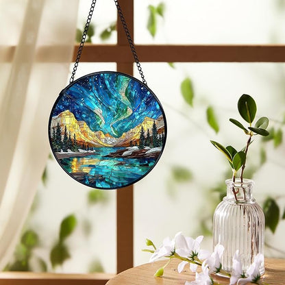 Nature Mountain Aurora Borealis Suncatchers Stained Glass Window Hanging, Northern Lights Sun Catchers Indoor Window Glass Round Wall Decor, Nature Wall Hanging Decorations, 7.9x7.9in