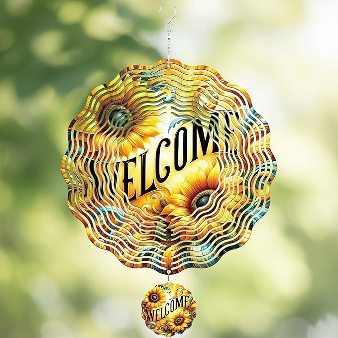 Hanging Wind Spinners Outdoor - 3D Metal Wind Spinner Kinetic Spinning Stainless Steel Art Ornaments Sunflower Decor for Garden Patio Porch Birthday Gifts for Women Men Mom Grandma Dad
