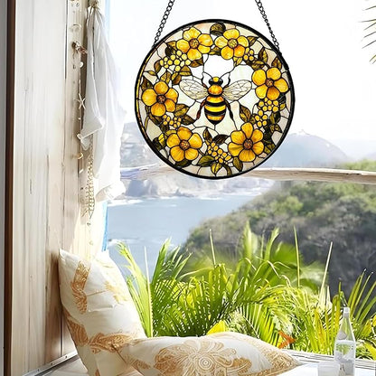 Stained Glass Window Hanging - Yellow Flowers Surrounded by Bees Sun Catcher for Door Garden Home Decor Cute Suncatcher Christmas Mother's Day Birthday Gifts for Women Men Mom Nana 11.8 in