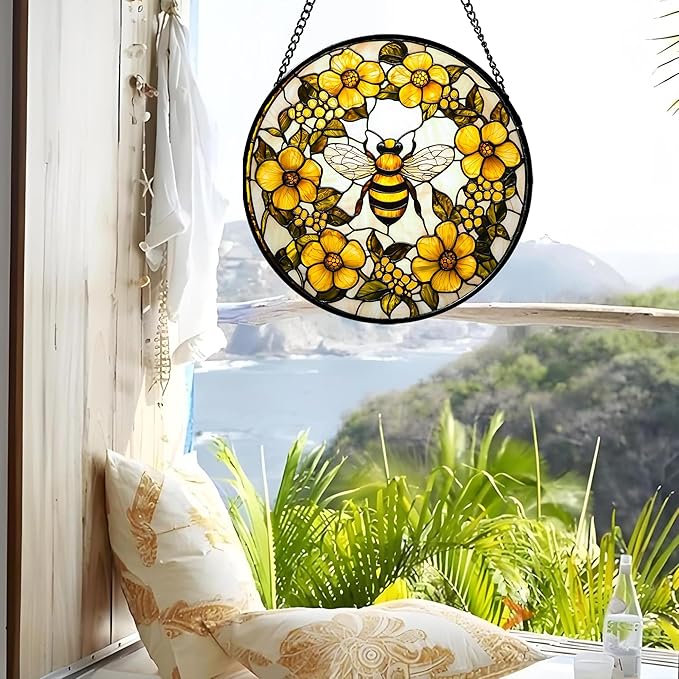 Stained Glass Window Hanging - Yellow Flowers Surrounded by Bees Sun Catcher for Door Garden Home Decor Cute Suncatcher Christmas Mother's Day Birthday Gifts for Women Men Mom Nana 15 in
