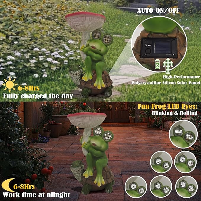 Funny Solar Garden Statues 10'' Frog Turtle with Mushroom Bird Feeder and Eyes LED Lights - Lawn Decor Outdoor Statues for Patio Balcony Yard Ornament - Unique Gardening Gifts for Women Grandma Mom.