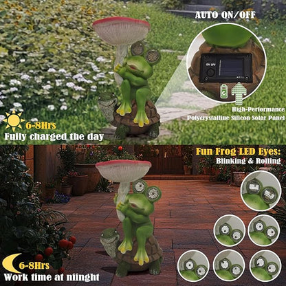 Funny Solar Garden Statues 10'' Frog Turtle with Mushroom Bird Feeder and Eyes LED Lights - Lawn Decor Outdoor Statues for Patio Balcony Yard Ornament - Unique Gardening Gifts for Women Grandma Mom.
