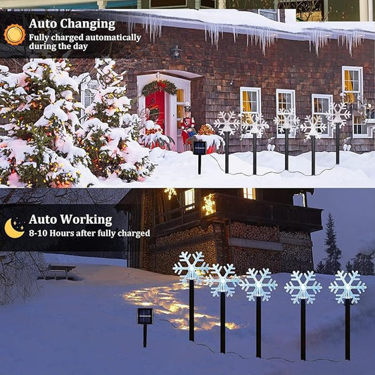 Christmas Snowflake Pathway Lights, 5 Pack Solar Christmas Stake Markers with Cool White Fairy Lights for Outdoor Holiday Walkway Patio Garden Decoration