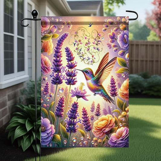 Hummingbird Garden Flag 12x18 Inch Double-Sided Floral Yard Banner Outdoor Spring Summer Decoration Colorful Lavender Flowers Butterflies Yard Outdoor Flag