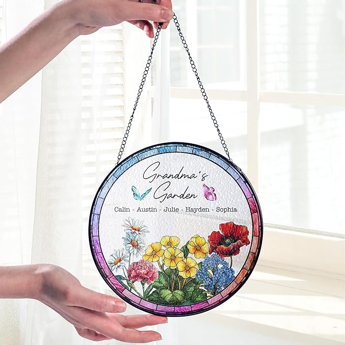 Personalized Grandma’s Stained Glass Window Hanging Ornament, Custom Holding Grandma’s Hands with Kids’ Names, Floral Art Decoration, Grandma from Grandkids