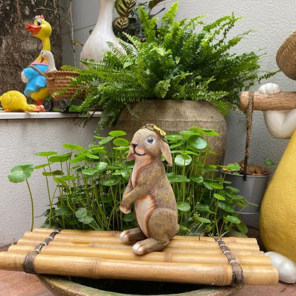 Bunny Outdoor Statues, Resin Rabbit Yard Statue Home Garden Decoration Adorable Bunny Statues Wearing Flower Crown, Outdoor Bunny Statue Lucky Rabbit Mom Gifts