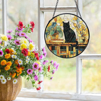Black Cat Gifts, Cat Suncatchers Stained Glass Window Hanging, Cats Gifts for Women, Book Sun Catchers Indoor Window Glass Round Wall Decor, 7.9x7.9in