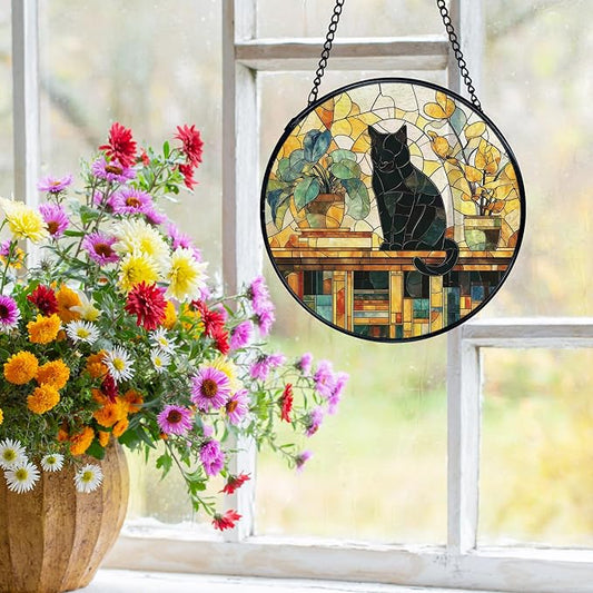 Black Cat Gifts, Cat Suncatchers Stained Glass Window Hanging, Cats Gifts for Women, Book Sun Catchers Indoor Window Glass Round Wall Decor, 7.9x7.9in