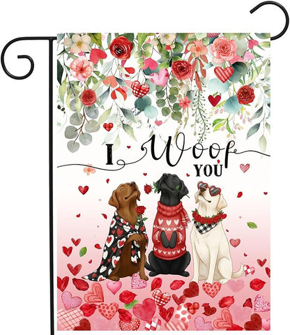 Dog Valentine Garden Flag Valentines Day Decor Black Lab Gifts for Women White Chocolate Labrador Yard Signs for Outside 12x18 Double Sided I Woof You Love Heart Banner
