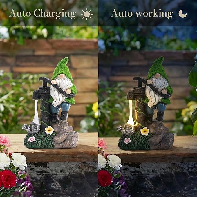 TERESA'S COLLECTIONS Garden Decor, Garden Gnomes Pumping Water,Gnomes Decor, Waterproof Resin with Solar Lights, Garden Decor, Garden Gifts for Mom,Indoor/Outdoor,9"
