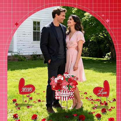 3 Pcs Valentines Metal Yard Signs and Hanging Wall Sign, Outdoor Valentines Metal Yard Stakes Heart Welcome Sign for Indoor Front Door Lawn Walkway Anniversary Wedding Party