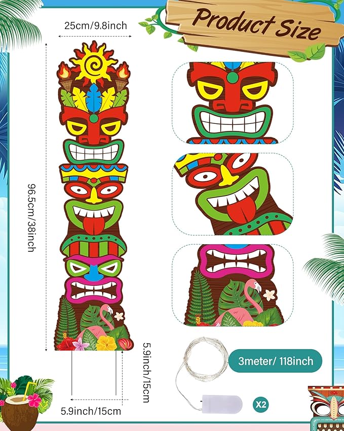Queekay 2 Pcs Tiki Yard Sign Luau Hawaiian Tropical Party Decoration Outdoor Tiki Bar Sign with Stakes for Summer(Lighted Style)