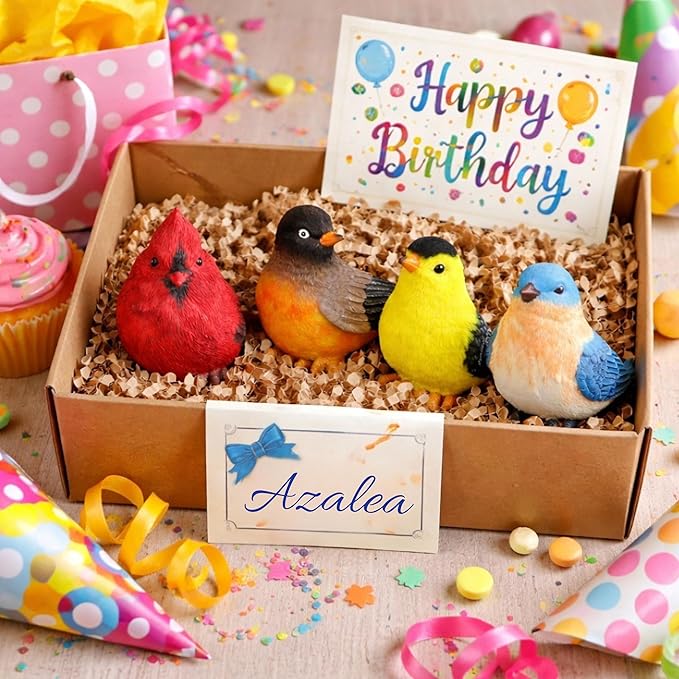 Songbird Garden Figurines Set of 4 – Cardinal, Bluebird, Goldfinch & Robin – Decorative Bird Statues for Home Décor, Spring Decorations, Crafting, Shelf Table Display – 3.75" W x 3" H